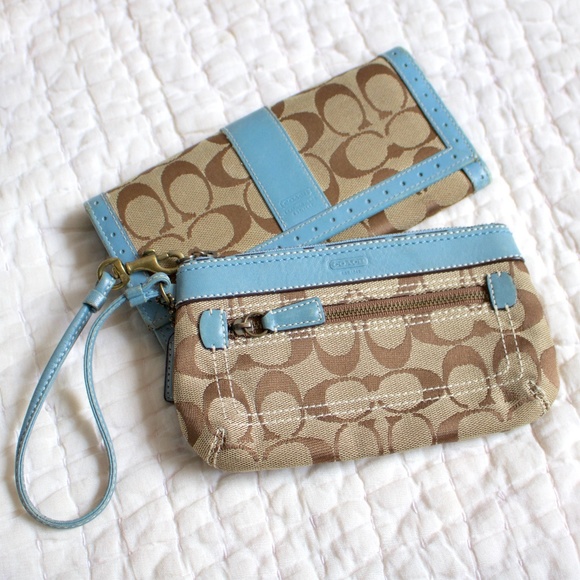 Coach Handbags - Coach Blue Leather & Signature Wallet and Wristlet